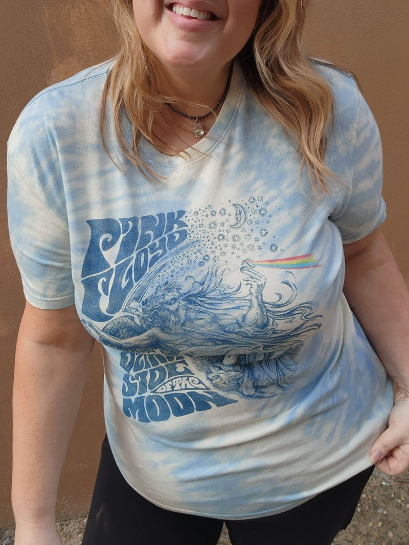 Lucky Brand Men's Tee - Pink Floyd White and Blue Tie Dye