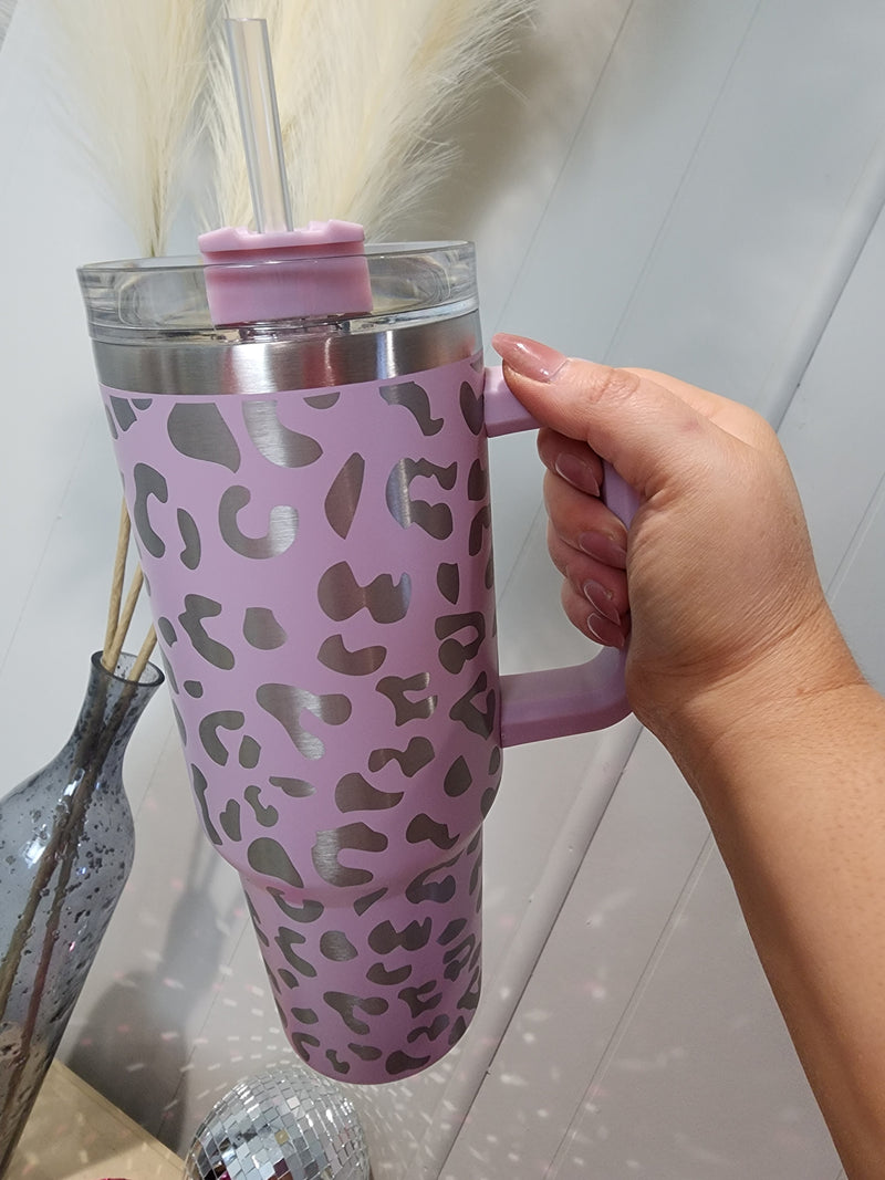 Lavendar Leopard 40 Oz Insulated Tumbler with Straw