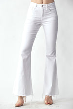RISEN Mid-Rise Raw Hem Flare Jeans in White