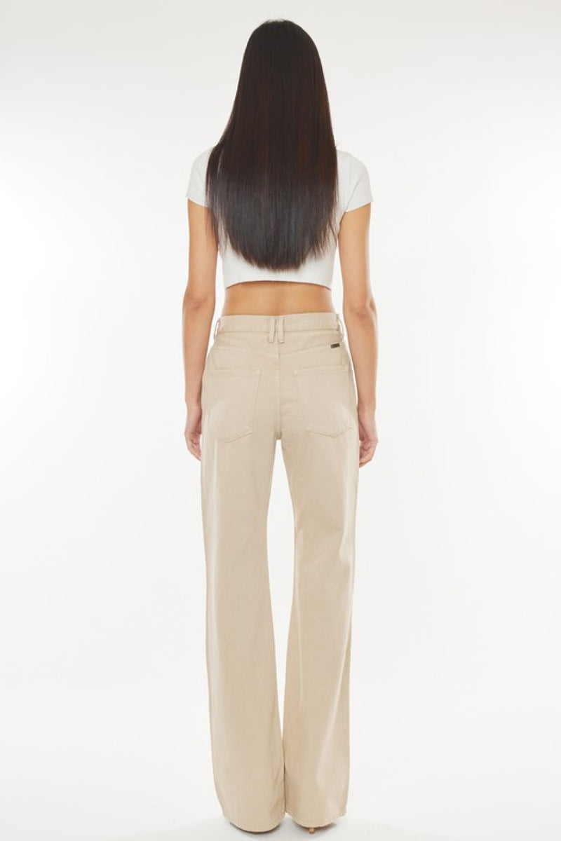 Kancan High-Rise Distressed Flare Jeans in Taupe