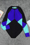 Color Block Half Zip Long Sleeve One-Piece Swimsuit