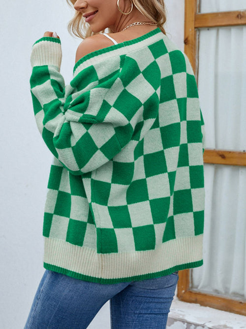 Checkered Button Front Ribbed Trim Cardigan