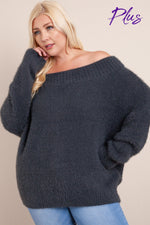 1848 - Plus Off Shoulder Fuzzy Sweater - Charcoal - CL4382