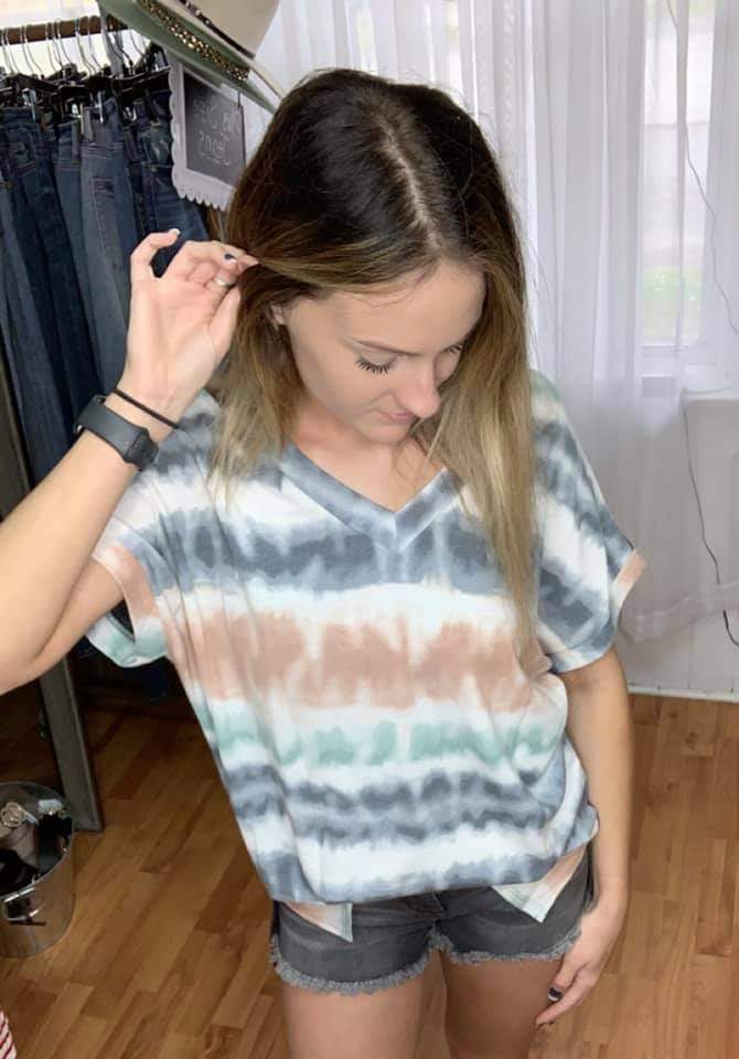 1324 - Cement Teal and Mauve Multi Tie Dye Dolman Top