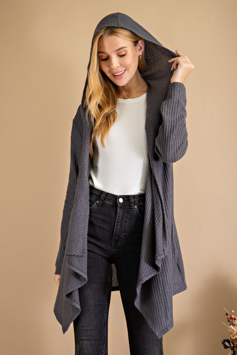 1852 - Waterfall Open Front Hooded Cardigan - Black