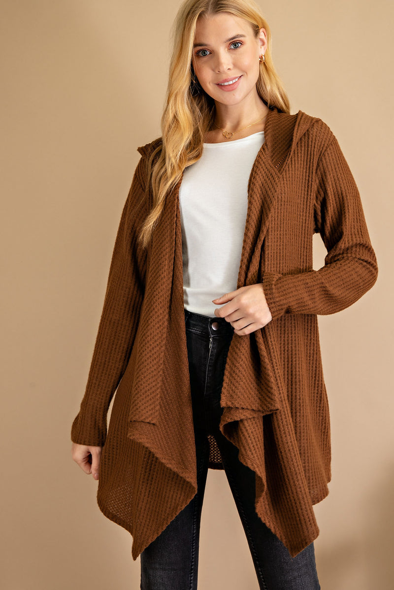 1853 - Waterfall Open Front Hooded Cardigan - Camel