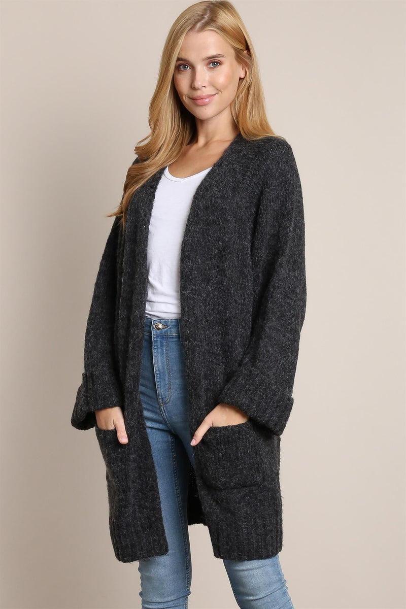 1858 - Open Front Cuffed Cardigan- charcoal