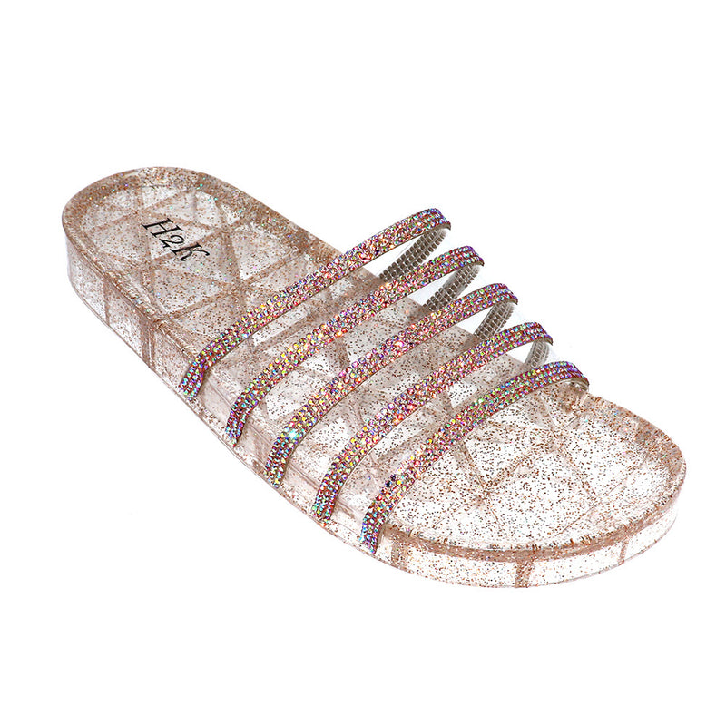 171 Jelly Rose Gold Glitter Slip on Sandals with Rhinestone Strap - Size 7 to 11-TCB