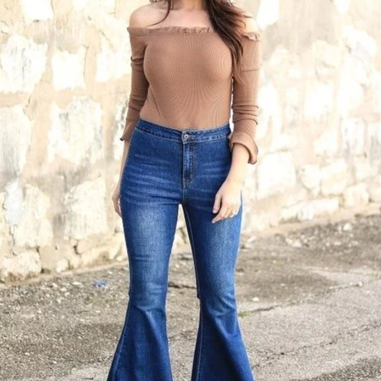 239 - Extreme Flare Jeans -Medium Blue Denim Bell Bottoms - Size 4 to 20-TCB