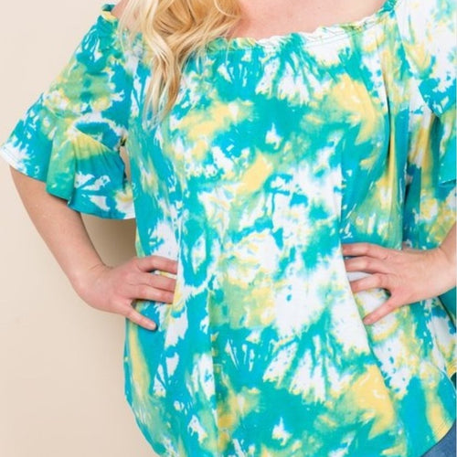 425-Green and Yellow Tie Dye Off Shoulder Top-TCB