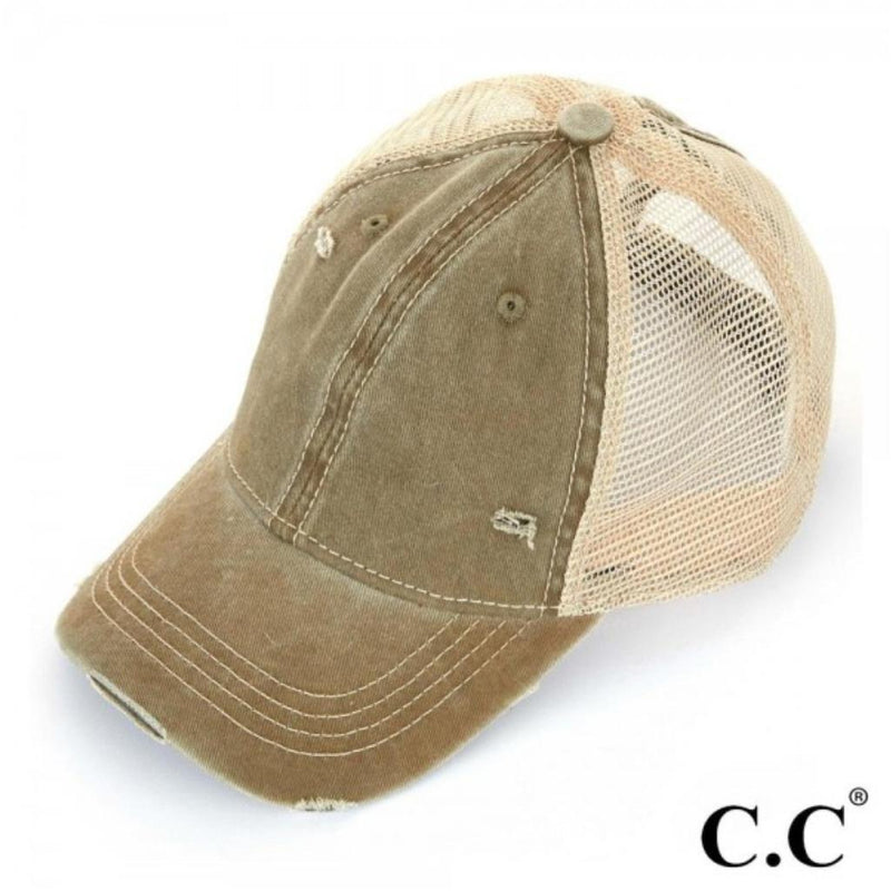 145-Vintage Distressed High Ponytail Baseball Hat with Mesh Back-TCB