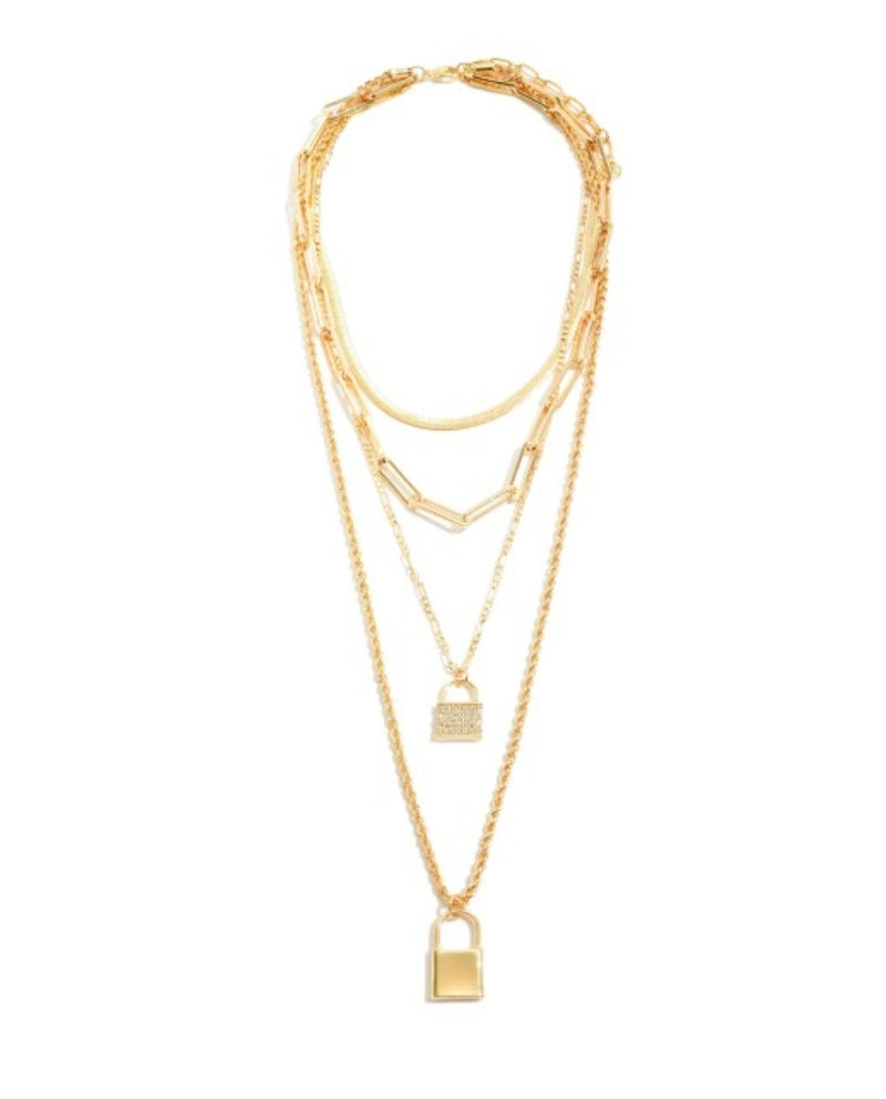Chain Link Layered Lock Pendent Statement Necklace - Gold