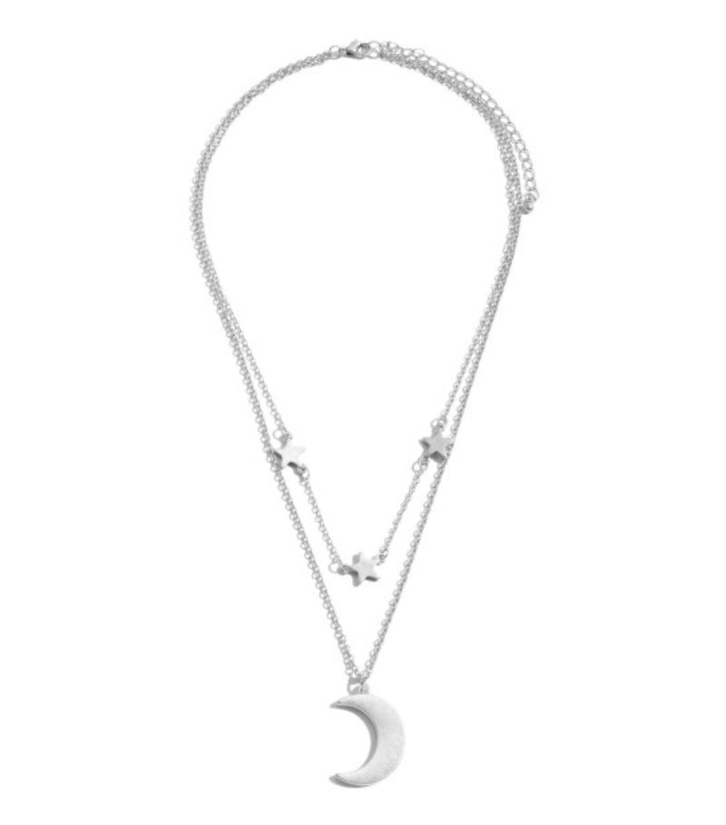 Moon and Star Layered Necklace - Silver