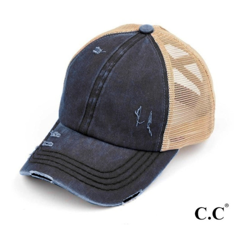 Navy Distressed Criss Cross Pony Cap with Mess Back