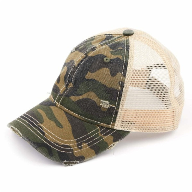 1249 - Olive Distresses Camouflauge Baseball Cap with Mesh