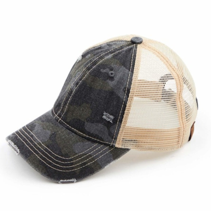1244 - Black Distressed Camouflage Baseball Cap with Mesh Back