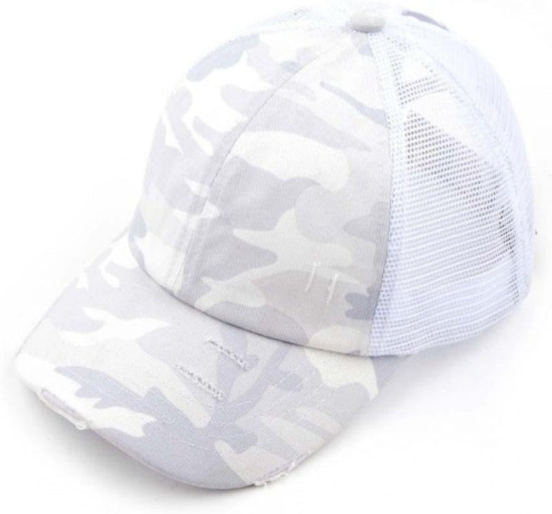 Vintage Distressed Camouflage Criss-Cross High PonyTail Cap with Mesh Back - Adult and Kids