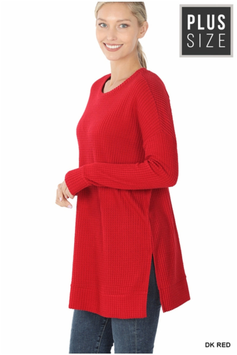 1796 - Zenana Brushed Thermal Waffle Round Neck Sweater - Dark Red - HT-2429XBA