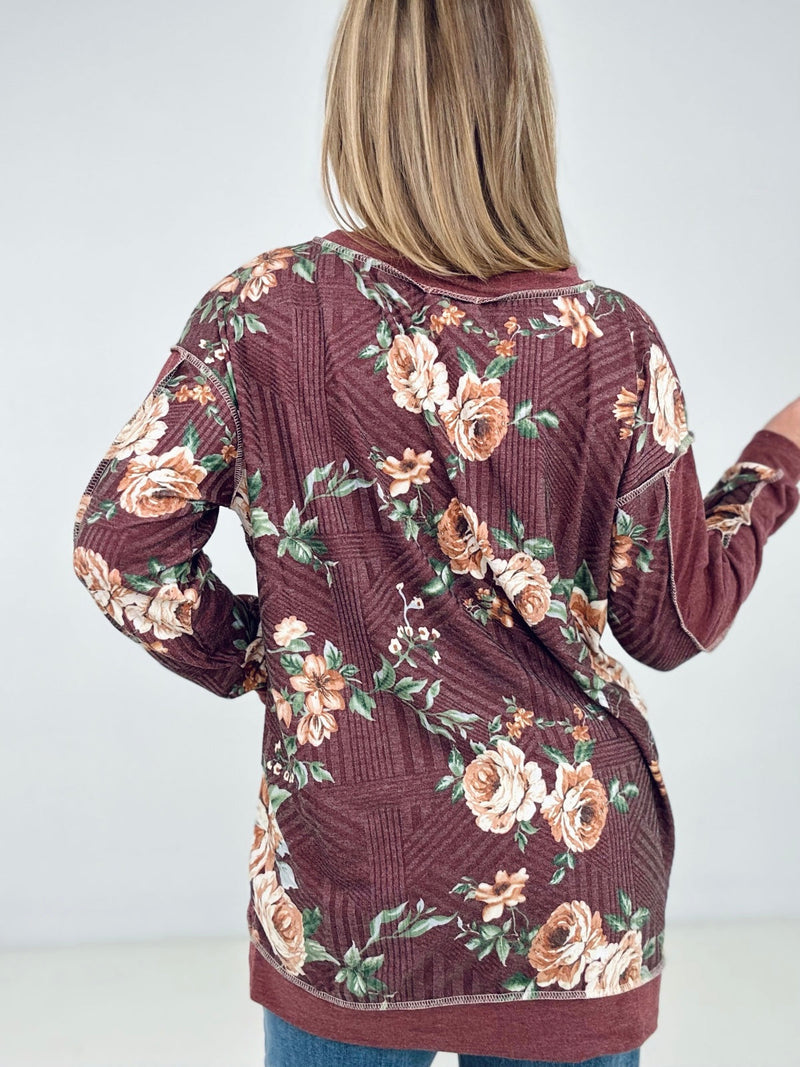 BiBi Floral Print Jacquard Knit Sweatshirt With Cut Edge