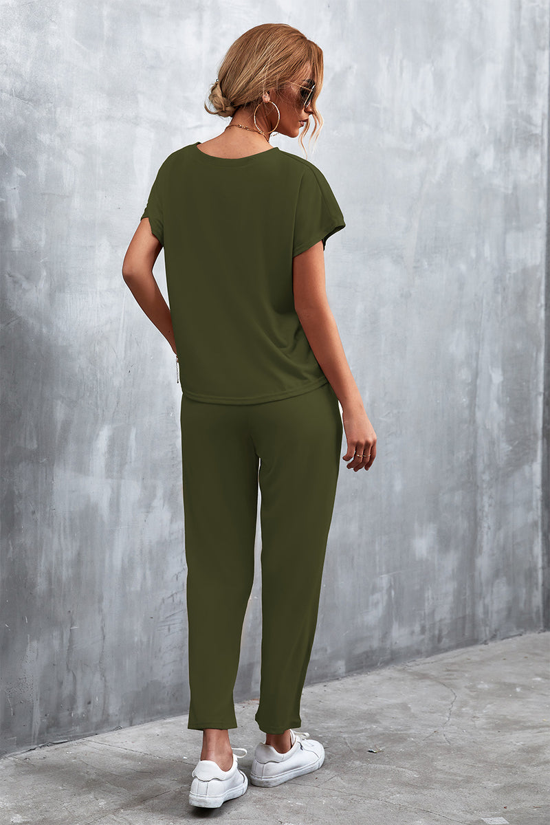 Full Size Round Neck Top and Drawstring Waist Pants Set