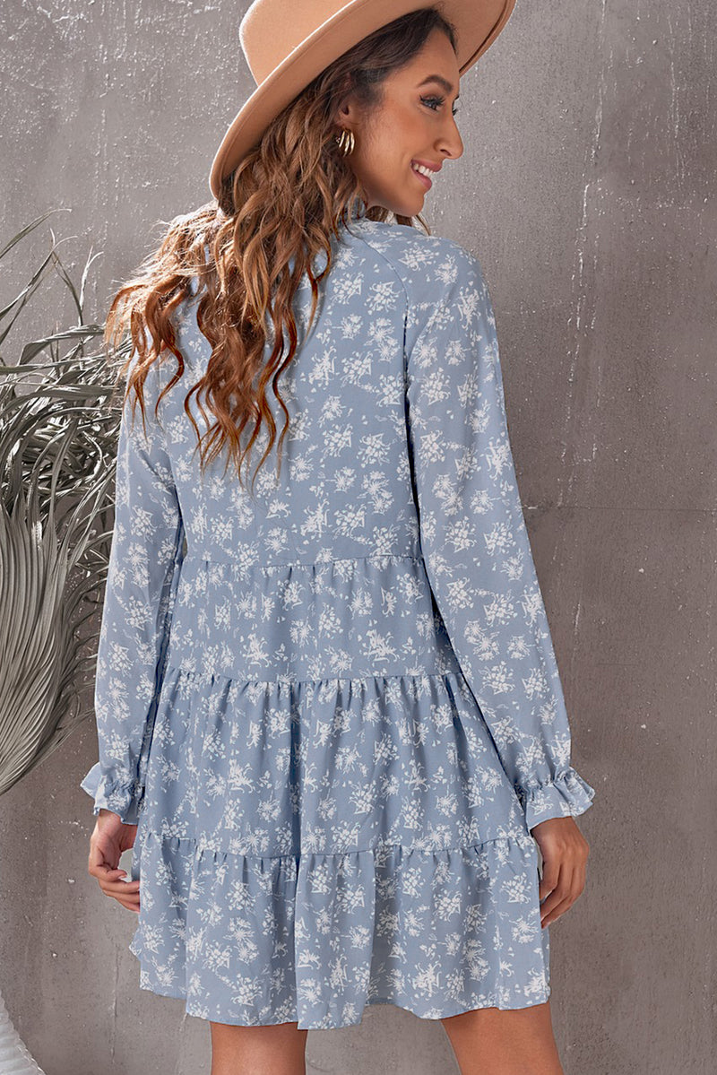 Floral Tie-Neck Flounce Sleeve Tiered Babydoll Dress