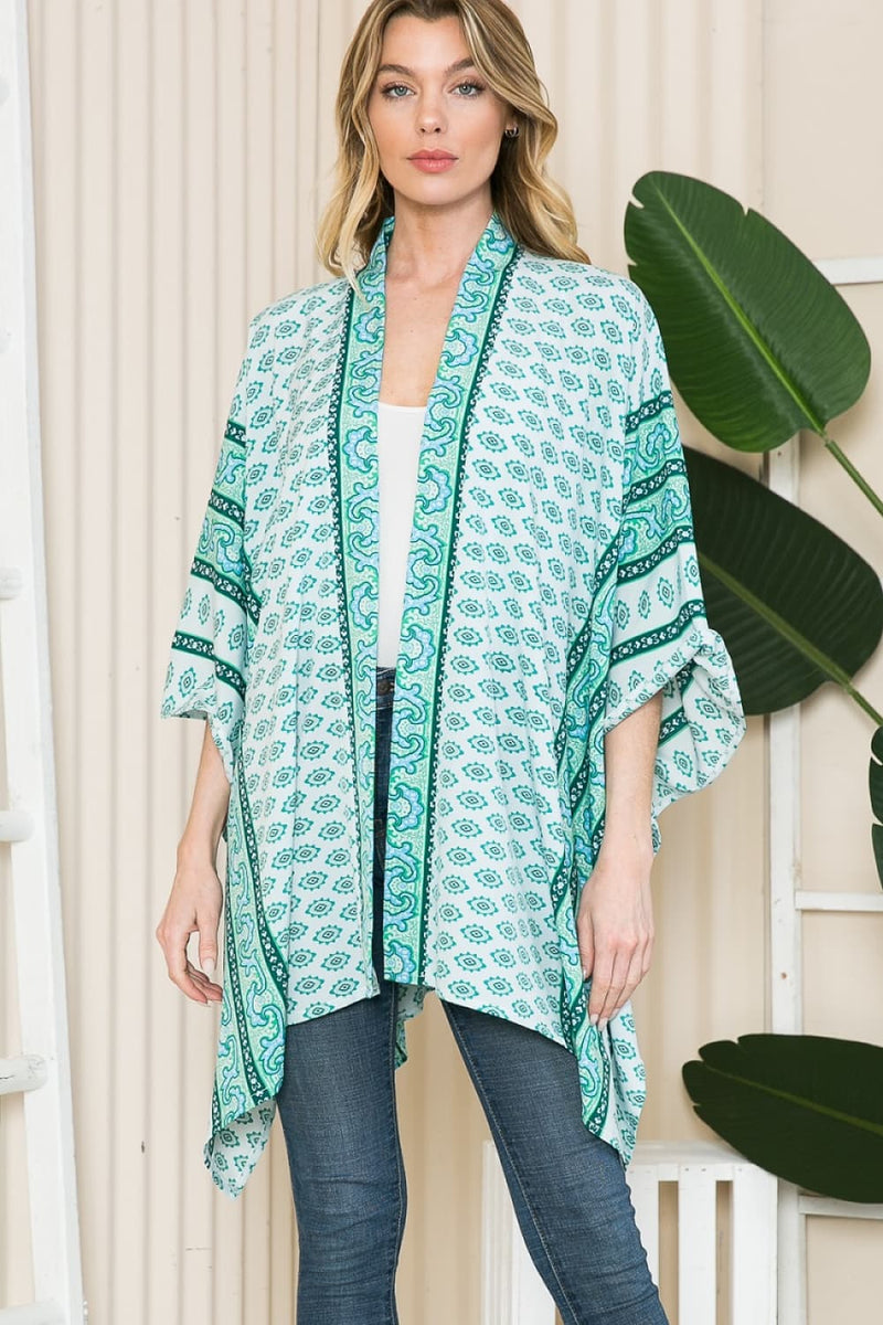 Justin Taylor Printed Open Front Slit Cardigan in Green