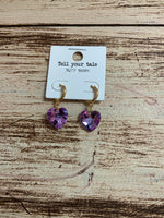 900 - Crystal Heart Hoop Earrings Clear & Purple
