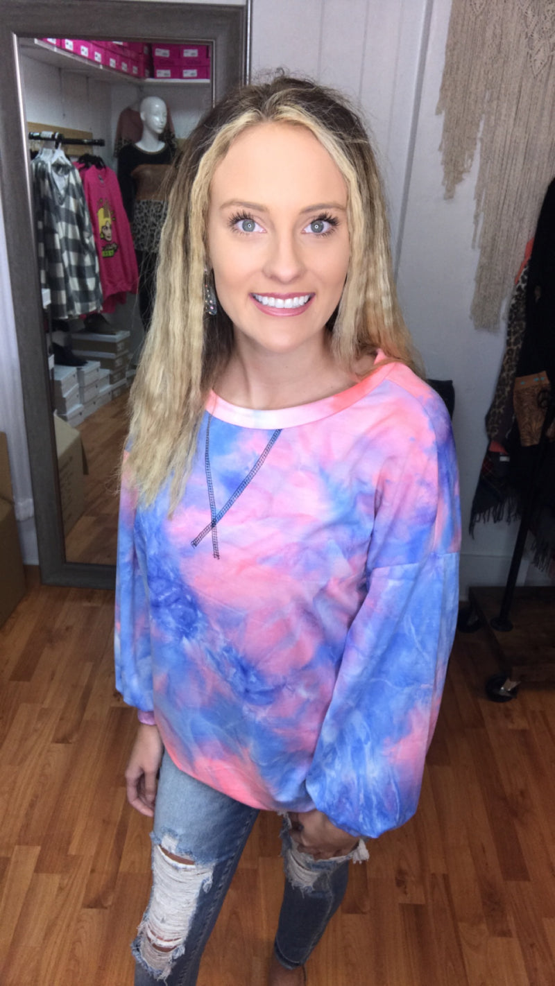 959 - Blue and Pink Tie Dye Long Sleeve Sweater - Small to 3x