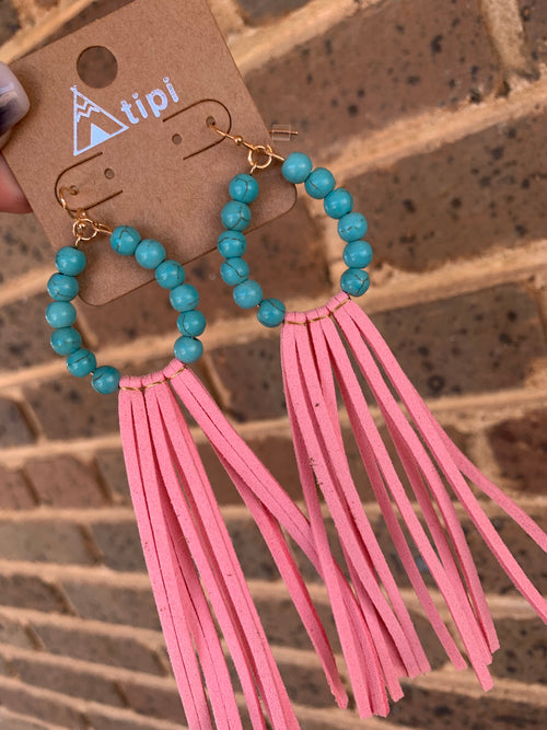 1313 - Beaded Turquoise and Leather Tassel Earrings - Blue and Pink